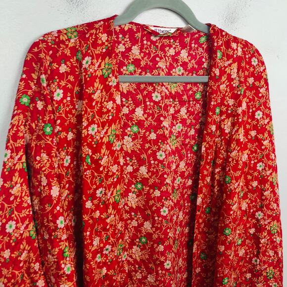 Vintage Athene Silk Robe Womens Small Red Micro Floral Boho Open Fit Festival‎ - Picture 2 of 8